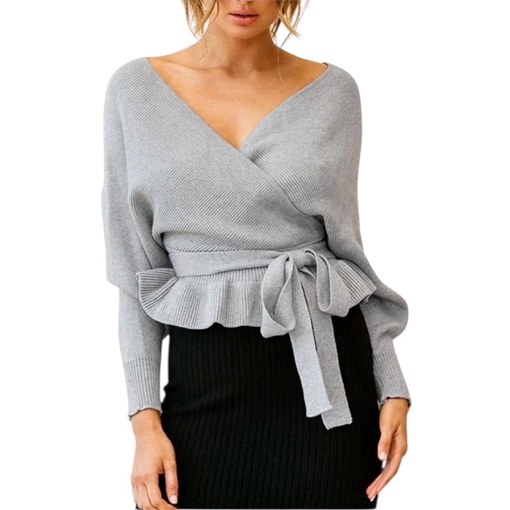 Lulus Women’s Gray Off Shoulder Wrap Open Back Sweater Small